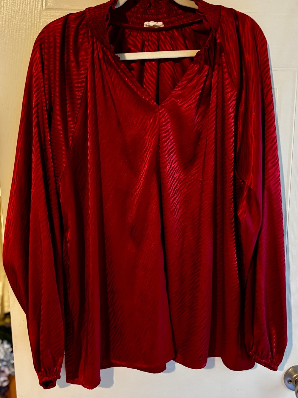 143 Story by Line Up 2X Ruby Red Satin Jacquard Blouse | Smocked Mock Neck
